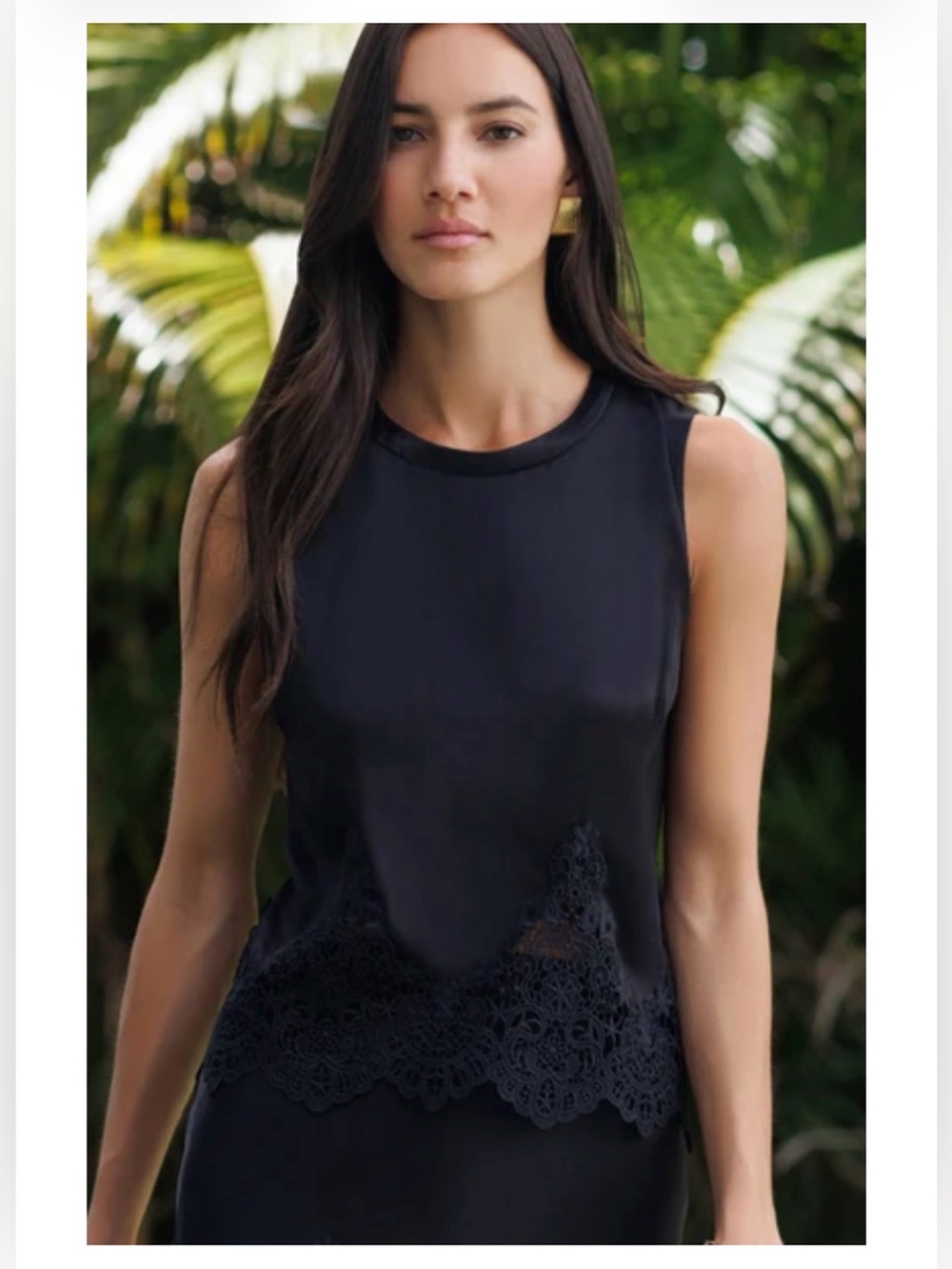 GENERATION LOVE | XS | Navy 100% Linen Scalloped High Neck Eyelet Tank Top